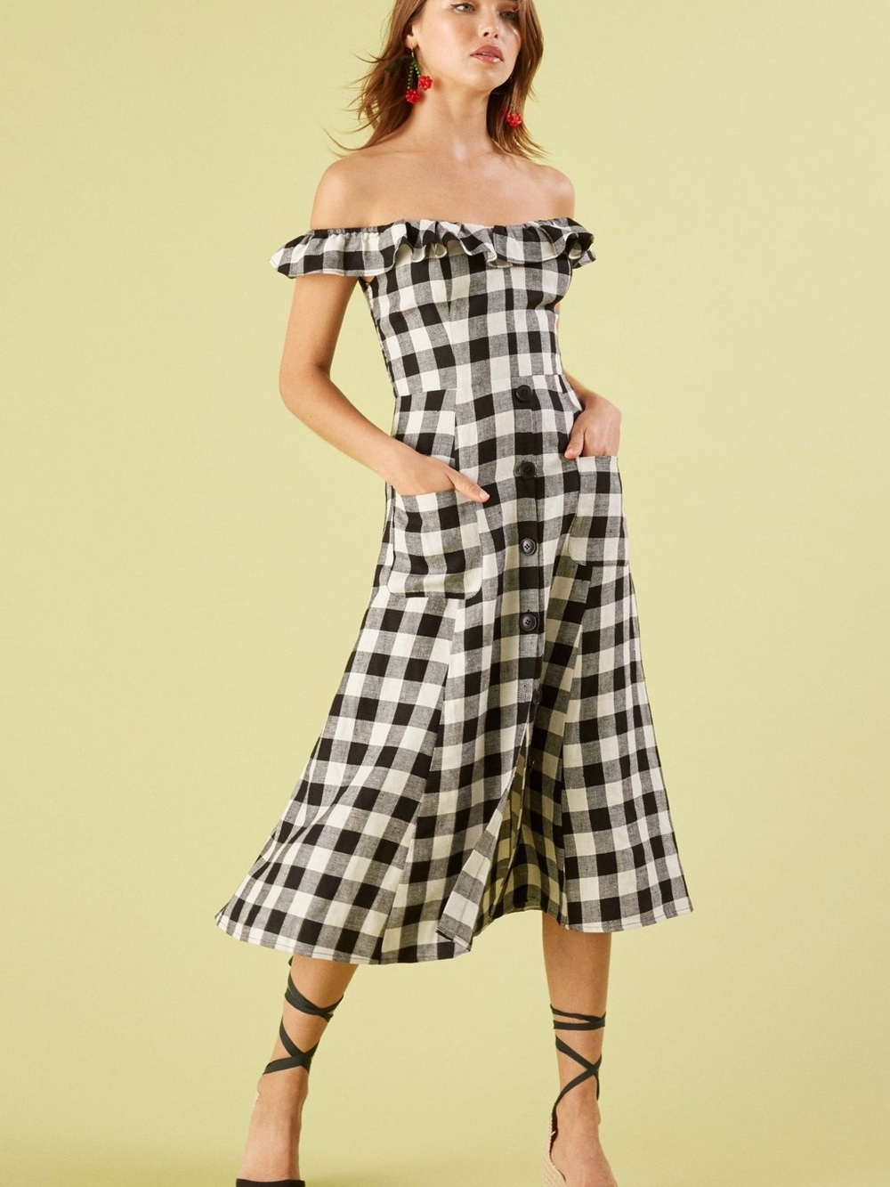 Reformation Black and White Gingham Off-Shoulder Maxi Dress